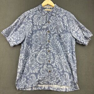 Tommy Bahama Silk Shirt Men's M Blue White Floral Button Down Casual Resort